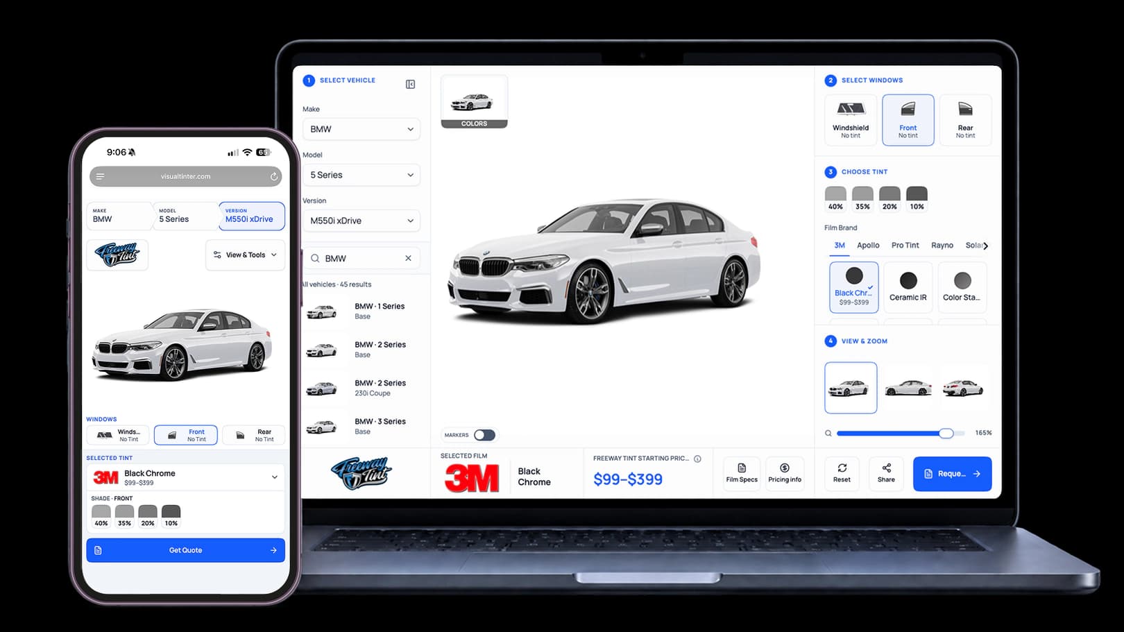VisualTinter window tint simulator shown on a laptop and phone