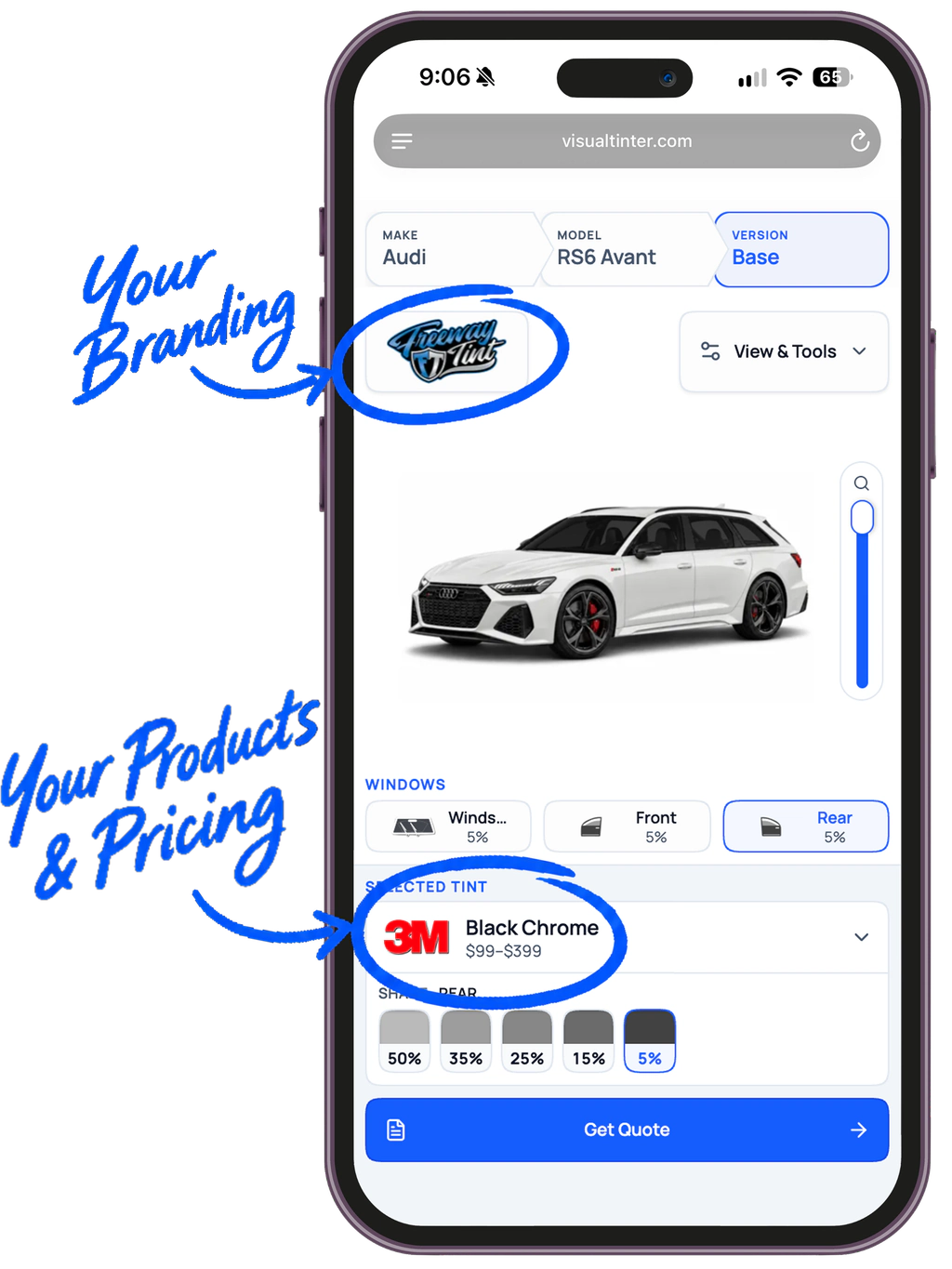 VisualTinter window tint simulator on mobile showing shop branding, film products, shades, and pricing